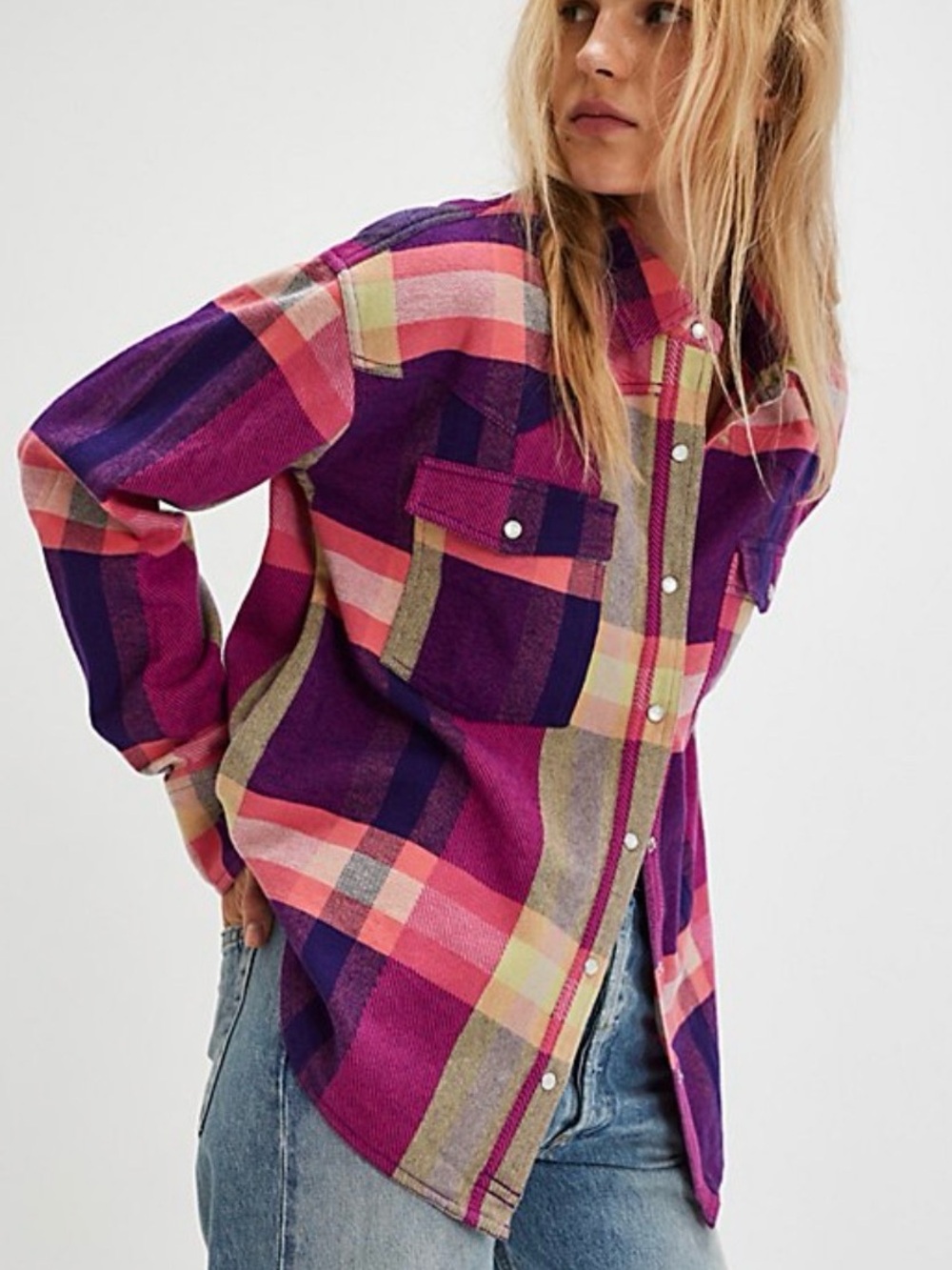 We The Free Hideaway Plaid Button-Down Shirt in Pink and Purple